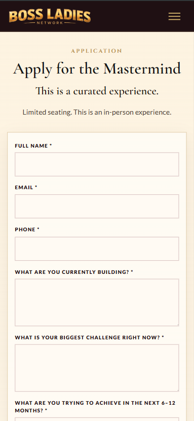 Boss Ladies SMB signup form and conversion flow